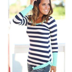 twenty second Black and White Striped Top with Aqua Trim